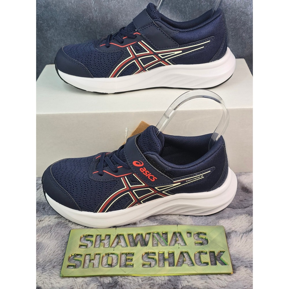 NWT Asics Contend 9 Running Shoes Navy Blue Red Hook and Loop Kids Size 2.5